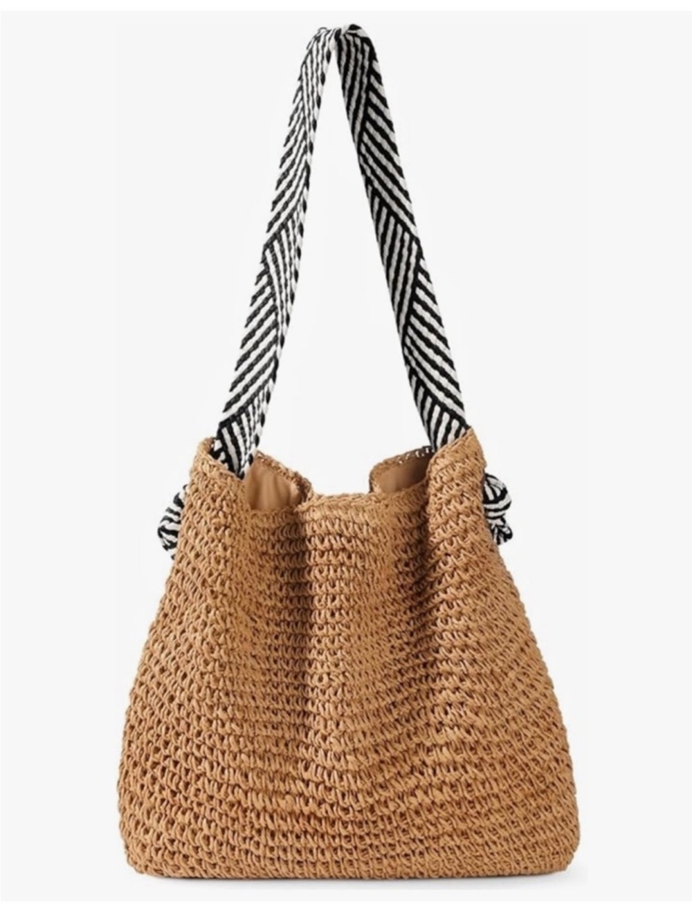 Straw Crochet Tote Bag with Black & White Strap - Casual Summer Beach Bag